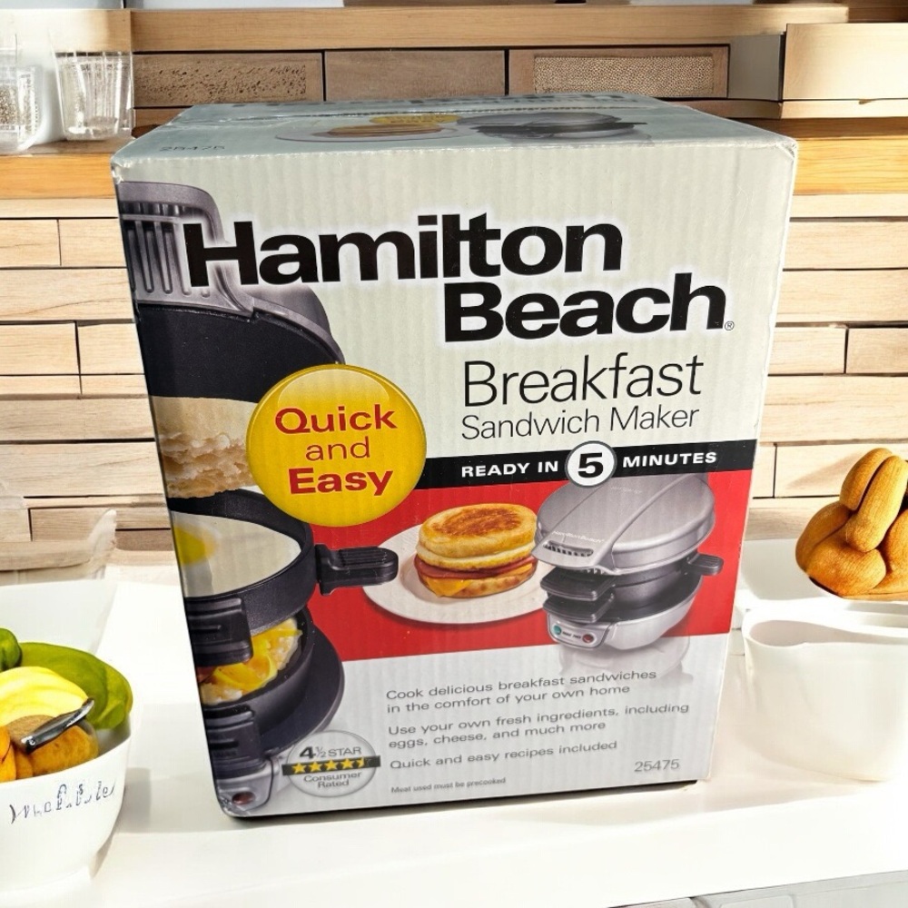 Hamilton Beach Breakfast Sandwich Maker- Silver Model #25475 Ready in 5 Minutes